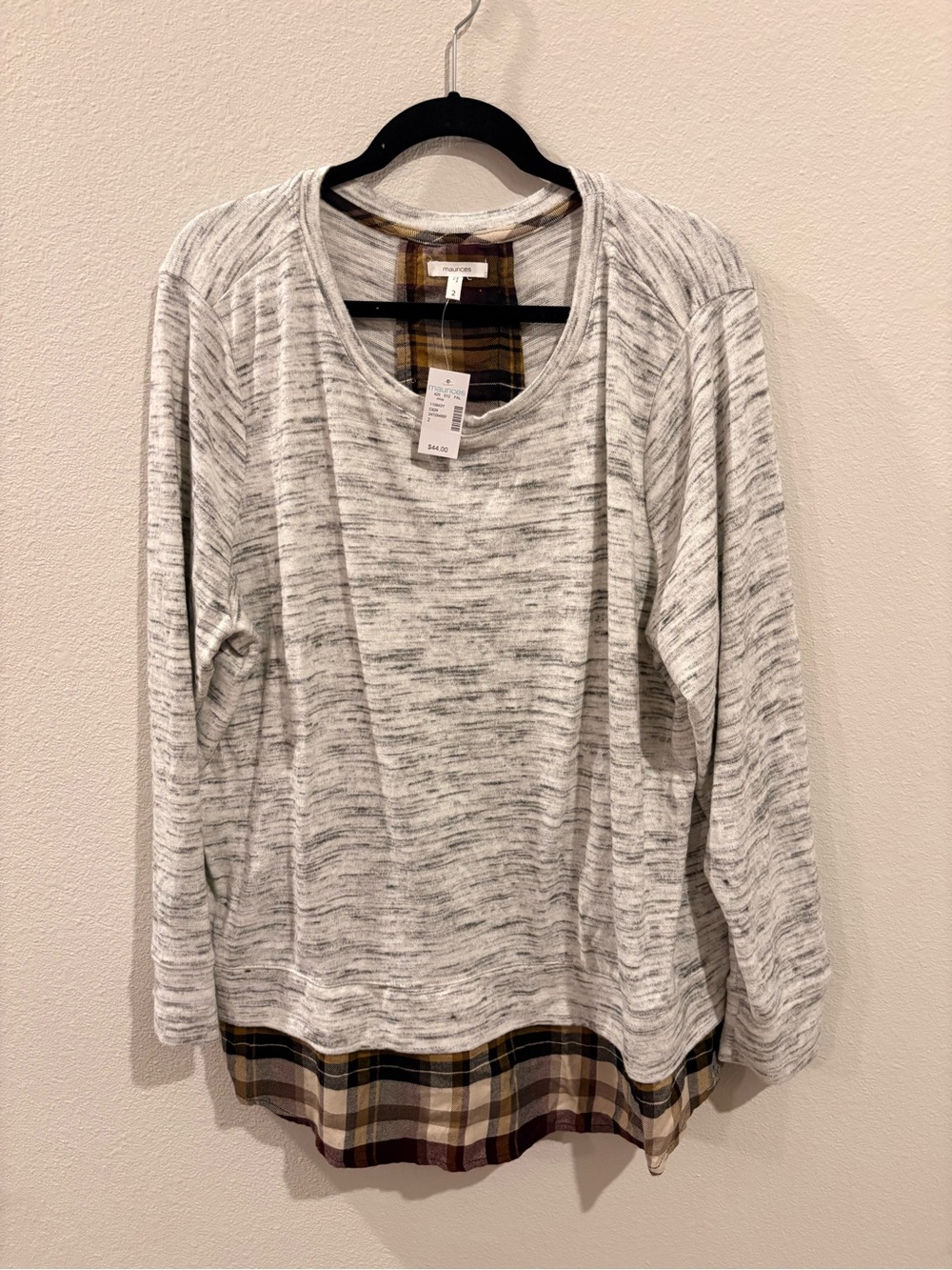 Maurices Marled Gray Crewneck Top with Plaid Hem